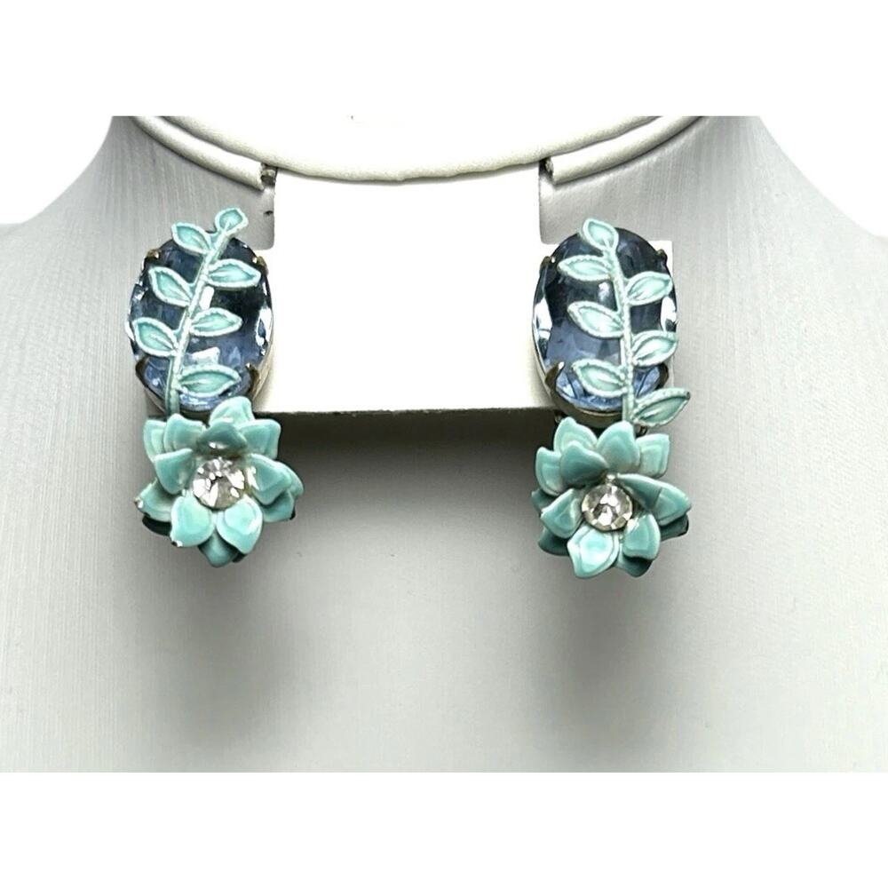 Vintage Glass And Enamel Earrings Blue Clip On Floral Vines Spring - Picture 2 of 11